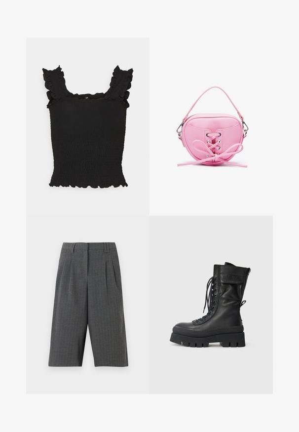 Black smocked tank top with ruffled straps and a scalloped hem. Soft, textured fabric with a fitted silhouette, highlighting form.; Gray houndstooth shorts with pleats, featuring a tailored design and mid-thigh length. Made from textured fabric, no visible fastenings.; Black leather combat boot with high shaft, lace-up front, textured accents, thick sole, and stitched detailing. Features a rear pull tab.; Pink faux leather handbag with a circular shape, featuring lace-up design with metallic eyelets and a bow detail. Includes a short handle.
