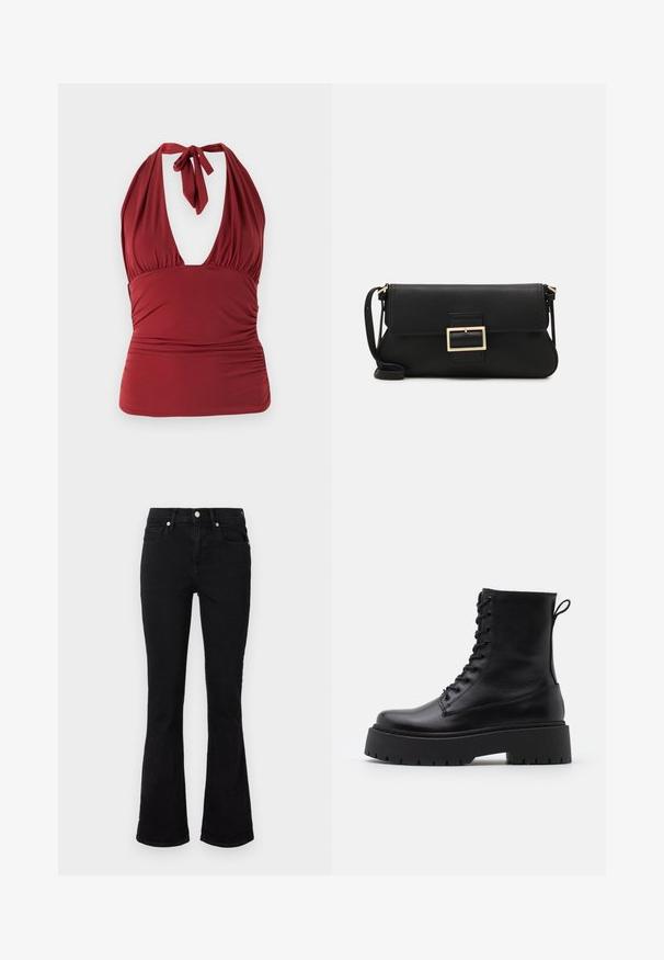 Noisy May NMBELLA HALTERNECK - Μπλούζα - tibetan red; Μαύρο τζιν παντελόνι σε φλούο σχεδίαση, κατασκευασμένο από τζιν ύφασμα, με μεσαία μέση, μπροστινές τσέπες και κούμπωμα με κουμπί. Λείο ύφασμα με ελάχιστες λεπτομέρειες ραφής.; Μαύρες δερμάτινες μποτάκια μέχρι τον γ ankles με στρογγυλή μύτη, κορδόνια μπροστά και χοντρή ελαστική σόλα με υφή. Λωρίδα στην πλάτη.; Μαύρη δερμάτινη τσάντα φάκελος με καπάκι και χρυσή μεταλλική λεπτομέρεια αγκράφας. Περιλαμβάνει μαύρη θήκη και κομψό, μινιμαλιστικό σχέδιο.