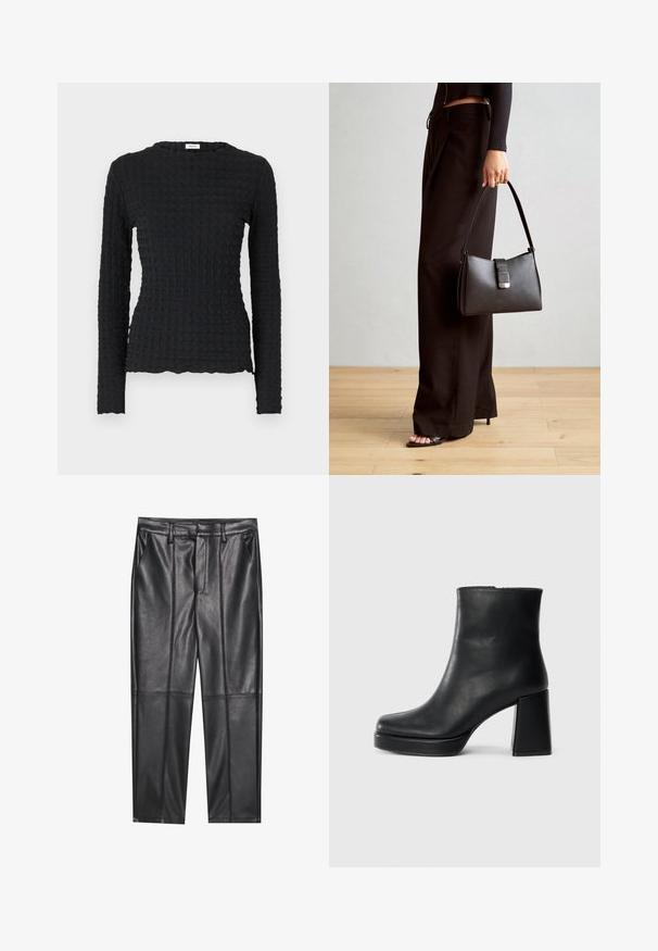 Svart langermet topp med en teksturert, bølgete mønster. Fitted design, rund halslinning og lett cropped hem. Laget av elastisk stoff.; Sorte lærbukser med en glat tekstur, der har en lige pasform, to forlommer og synlige sømdetaljer.; Sorte skinnankelsko med blokkhæl og plattformsåle, sett fra siden på en enkel hvit bakgrunn.; Svart håndveske med strukturert form, jevn tekstur og metallisk lås. Kombinert med brede svarte bukser og sandaler med åpen tå på tregulv.