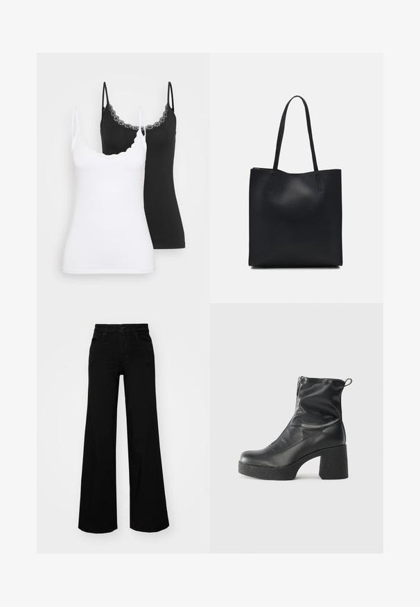 Zwei figurbetonte Spaghetti-Top mit Spitzendetails, eines in Weiß und eines in Schwarz, auf einem schlichten, hellen Hintergrund dargestellt.; Schwarze weit geschnittene Hose aus Denim, mit einem strukturierten Bund, Gürtelschlaufen und Fronttaschen. Glatte Textur mit klassischem Design.; Schwarze Stiefeletten aus glattem Leder mit seitlichem Reißverschluss, klobigem strukturiertem Absatz und runder Zehenform.; Schwarze Laptoptasche aus Leder mit glatter Textur, rechteckiger Form und zwei langen Griffen. Keine sichtbaren Beschläge oder Verzierungen.