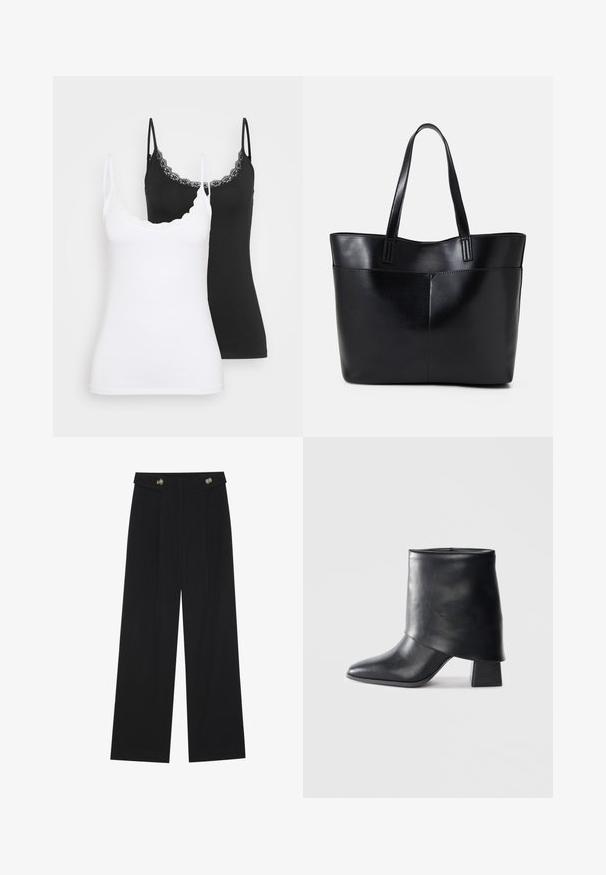 Dva uska krojena topa s čipkastim obrubom, jedan u bijeloj i jedan u crnoj boji, prikazana na jednostavnoj svijetloj pozadini.; Crne hlače širokih nogavica s visokim strukom, s dugmadi na pojasu i prednjim nabora.; Crna kožna čizme do gležnja sa šiljastim prstom, glatke teksture i strukturiranim blok petom. Ima visoki, preklopljeni dizajn manžetne.; Crna kožna torba s dugim ručkama, glatkom teksturom i strukturiranim oblikom. Ima prednju džep za dodatno pohranu.