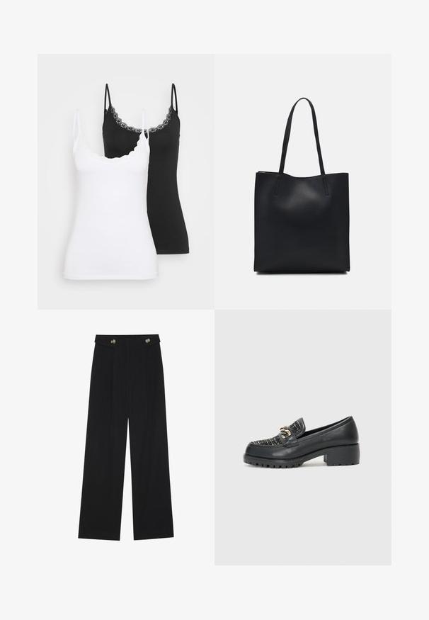 Dve oprijete majice na bretele z čipkastim robom, ena v beli in ena v črni barvi, prikazane na enolični svetli podlagi.; Črne široke hlače s visokim pasom, gumbnimi detajli na pasu in sprednjimi gubami.; Črne usnjene loafers čevlje s teksturiranim platnenim prstom in zlatim okrasom, ki imajo debel blokast peto in gumijast podplat z profilom.; Črna usnjena torba s svilnato teksturo, pravokotne oblike in dvema dolgima ročajema. Brez vidnih metalnih delov ali okrasnih elementov.