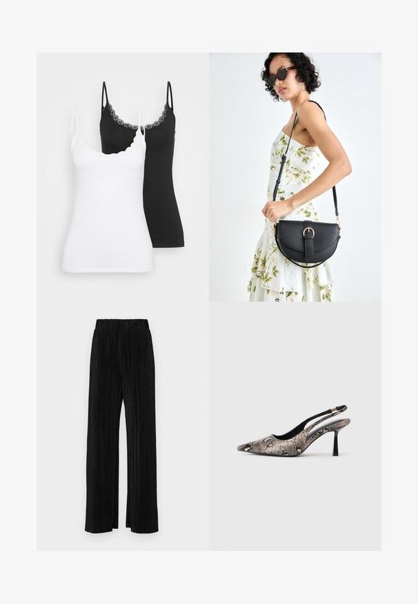Dva uska krojena topa s čipkastim obrubom, jedan u bijeloj i jedan u crnoj boji, prikazana na jednostavnoj svijetloj pozadini.; Crne plisirane hlače s elastičnim pojasom. Imaju široke nogavice i glatku, teksturiranu tkaninu s vertikalnim prugama.; Cipele s otvorenom petom i špicastim prstom izrađene od teksturiranog materijala sa uzorkom zmijske kože, s tankim crnim potplatom i izrezanim dizajnom sa strane.; Crna kožna torba s lukovitim oblikom, odvojivim remenom i zlatnim detaljima. Torba ima preklop s kopčom.