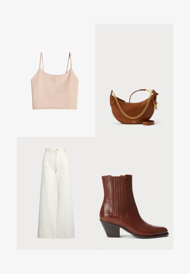 Top de tirantes finos en color nude, cortado a la altura del abdomen, hecho de una tela suave, con una textura lisa y un diseño sencillo de corte recto.; Camisa blanca de manga larga y botones, hecha de una tela suave, con un cuello clásico y un brillo sutil, con un dobladillo redondeado y detalles de botones.; Jeans de pierna ancha en denim color blanco roto. Diseño de cintura alta con cierre de botón, dos bolsillos frontales y detalles de costura en contraste.; Botín de cuero marrón por encima del tobillo con punta afilada y tacón apilado, que presenta acentos acanalados verticales en los laterales y detalles de costura intrincados.; Bolso de mano de piel marrón con un diseño curvado, correa de cadena dorada, bolsillo interior y una correa de hombro desmontable. Presenta costuras en contraste.