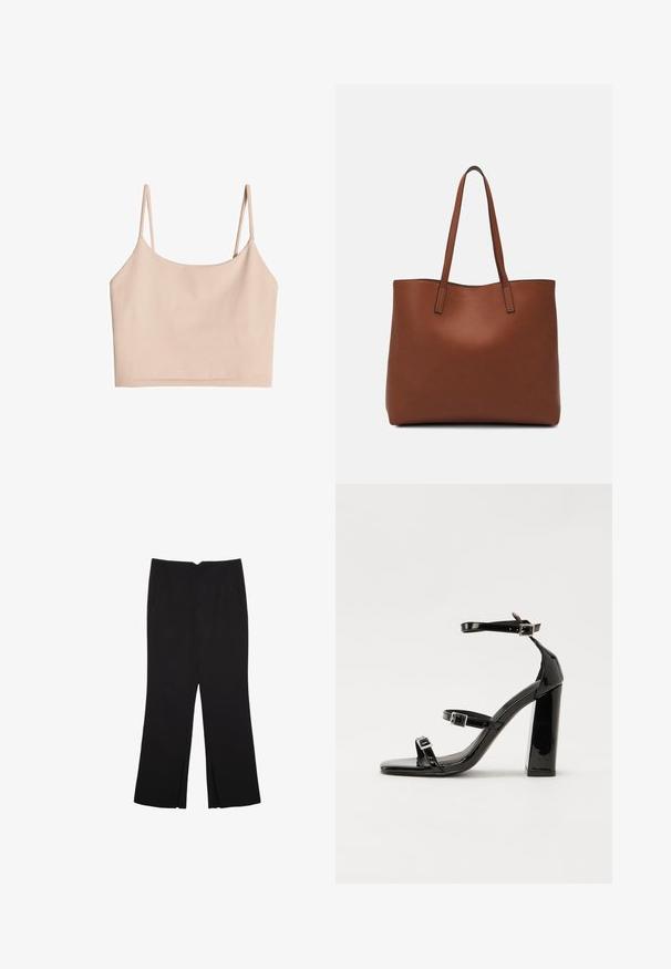 Hautfarbener, kurz geschnittener Tanktop mit dünnen Trägern, aus weichem Stoff gefertigt, mit glatter Textur und einem einfachen, geraden Schnitt.; Schwarze Hose mit geradem Schnitt, ausgestattet mit Fronttaschen und Seitenschlitzen am Saum. Hergestellt aus weichem, glattem Stoff. Geeignet für verschiedene Anlässe.; Schwarze patentierte Sandalen mit Absatz, quadratischer Spitze, Knöchelriemen und silbernen Schnallen. Mit einem stabilen Blockabsatz für mehr Stabilität.; Braune Leder-Tote mit glatter Textur, offenem Oberteil und zwei Schulterriemen. Verfügt über minimale Nähte und keine sichtbaren Beschläge.
