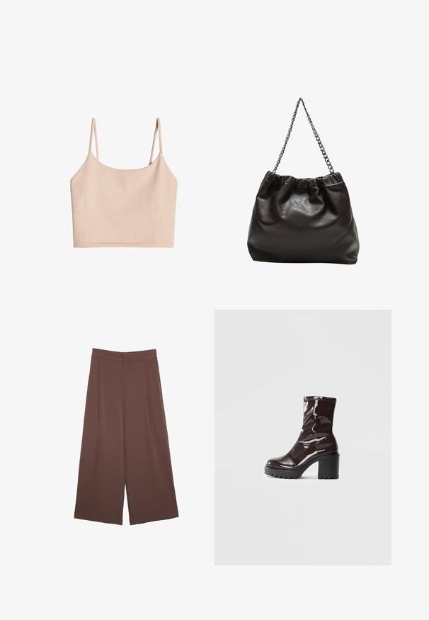 Ljusbeige, kort crop-top med tunna axelband, tillverkad i mjukt tyg, med en slät yta och en enkel, rak skärning.; Bruna vida byxor med en slät textur, som har hög midja och framfickor. Tyget är lätt och flödar löst.; Glansig bordeauxfärgad ankelsko med en kraftig svart klack, som har en slät yta och enkel design. Inga synliga stängningar eller mönster.; Brun läderväska med rynkad topp och kedjesnodd. Slät textur med en blankslipad yta och subtila sömdetaljer på sidorna.