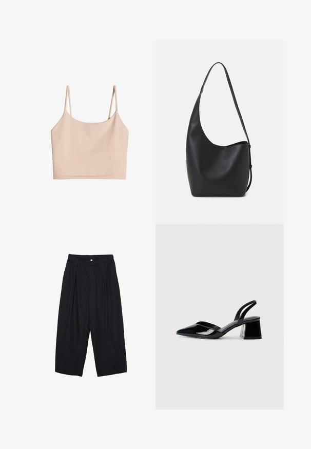 Nude boja krojena majica bez rukava s tankim naramenicama, izrađena od mekanog materijala, s glatkom teksturom i jednostavnim, ravnim krojem.; Crne poliester hlače culotte s elastičnim pojasom, dva prednja nabora i širokim krojem. Nema vidljivih uzoraka ili metalnih detalja.; Crne lakirane kožne sandale s otvorenom petom i špicastim vrhom, s geometrijskom blok petom. Imaju elegantan, minimalistički dizajn i glatku teksturu.; Crna kožna hobo torba s glatkom teksturom, zakrivljenim oblikom i jednom podesivom trakicom; ima širok otvor na vrhu.