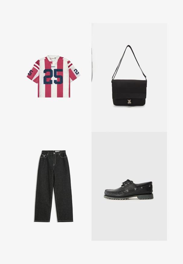 Červeno-bílý pruhovaný krátký rukáv dres s modrým číslem "25", síťovina, výstřih do V a kontrastní ramenní pruhy.; Černé džíny rovného střihu s bílým prošíváním, design se pěti kapsami, zapínání na knoflík a zip a malé logo na přední pravé kapse.; Černé texturované šněrovací boty s kulatou špičkou, kovovými očky a robustní šedou gumovou podešví. Vyznačují se tkaným vzorem na svršku.; Černá messenger taška vyrobená z hladkého materiálu, s překlopným víkem, stříbrnými sponkami a nastavitelným ramenním popruhem.