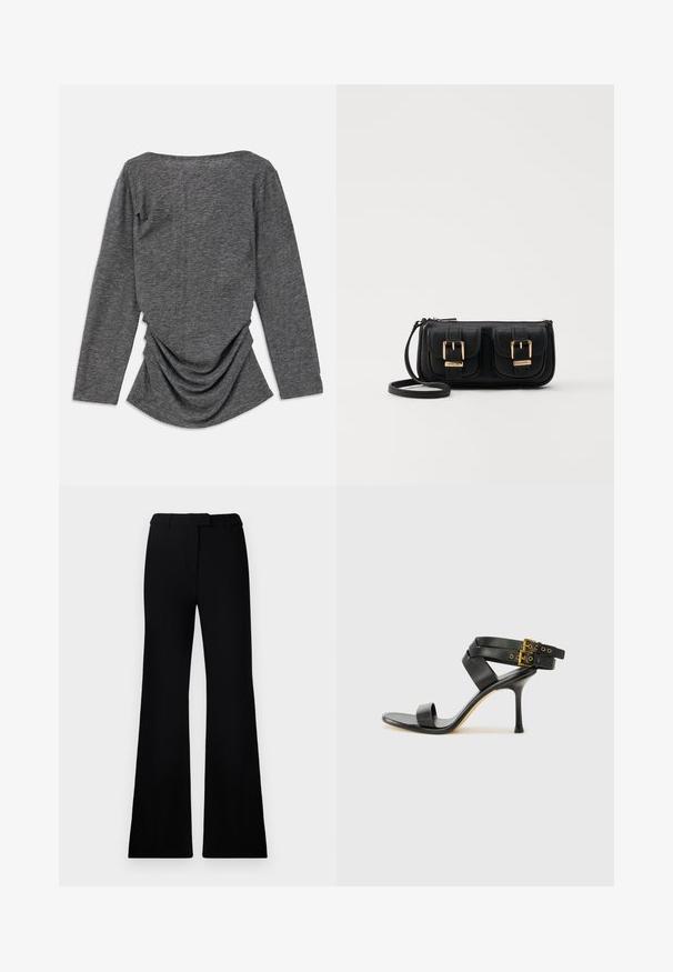 Szürke, hosszú ujjú felső, puha textúrával, széles nyakkivágással és a háton ráncolt részlettel, ami lebegő siluettet eredményez.; Fekete, harangszárú nadrág sima textúrával, precíziós derékrésszel és elülső zsebekkel, amely egy sima, modern sziluettet tervez.; Fekete magassarkú szandál keresztpántos dizájnnal és állítható csattal. Simább felülettel és hegyes tűsarkúval rendelkezik.; Fekete bőr keresztbody táska két elülső zsebbel, arany csattokkal, cipzáras záródással és vékony pánttal. Textúrált felület és kompakt téglalap alak.