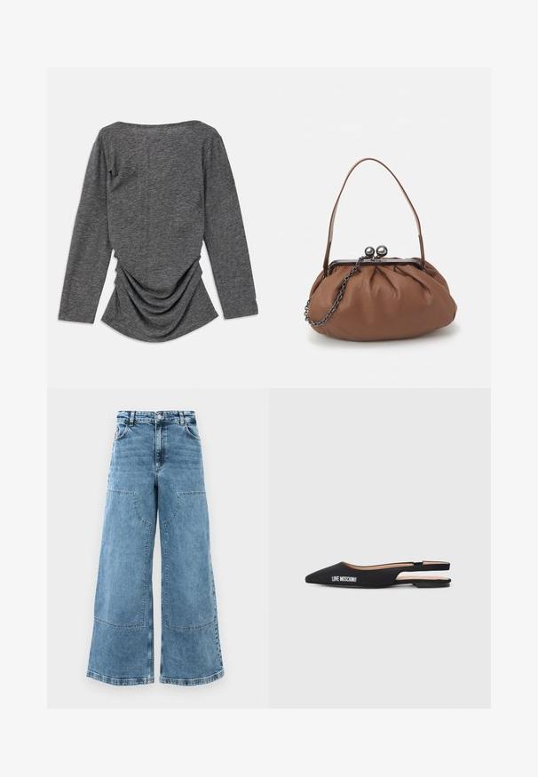 Pelēks garām piedurknēm tops ar mīkstu faktūru, ar plašu kakla izgriezumu un savītām detaļām aizmugurē, radot plūstošu siluetu.; Gaiši zili džinsu platās kājas bikses ar augstu jostasvietu, lielām priekšējām kabatām un redzamām šuvēm. Iezīmē klasisko piecu kabatu dizainu.; Melnas izstrādnes ar atvērtu papēdi un smailiem pirkstiem, izgatavotas no gludas materiāla. Iespējota baltā "LOVE MOSCHINO" zīmola apzīmējums un minimālistisks dizains.; Brūns ādas rokassomu ar salocītu dizainu, īsu ādas rokturi un ķēdes siksnu. Tam ir sudraba metāla sprādze ar diviem apaļiem akcentiem.