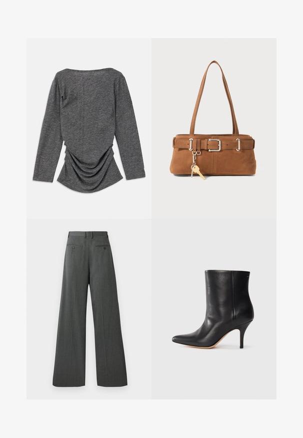 Szürke, hosszú ujjú felső, puha textúrával, széles nyakkivágással és a háton ráncolt részlettel, ami lebegő siluettet eredményez.; Széles szárú nadrág sötétszürke szövetből. Simább textúrával, két hátulsó zsebbel, amelyeket gombos zárások díszítenek, és klasszikus derékrésszel készül.; Fekete bőr bokacsizma hegyes orral, karcsú tűs sarkal és sima textúrával. Minimális dizájn, látható fémrészek vagy díszítések nélkül.; Barna velúr táska, amelynek strukturált formája van, ezüst színű fém kiegészítőkkel, két vállpánttal és egy díszes kulcstartóval.