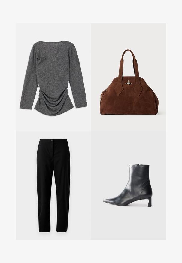 Hall kõrge kaelusega hall pikasleevega topp, millel on pehme tekstuur ja kokkutõmbunud detail seljal, luues voolava silueti.; Mustad sirgedega püksid, millel on nupud ja tõmblukk, sile kangas ja minimaalne detailitus, neutraalse heleda tausta vastu.; Mustad mustall nahkasaabas terava nina ja stiilse disainiga. Omab madalat konts ja luku sulgemist taga. Sile tekstuur.; Pruun nahast käekott, millel on struktureeritud kuju, ümar keha ja piklikud rombikujulised käepidemed. Varustatud hõbedase riistvaraga lukuga.