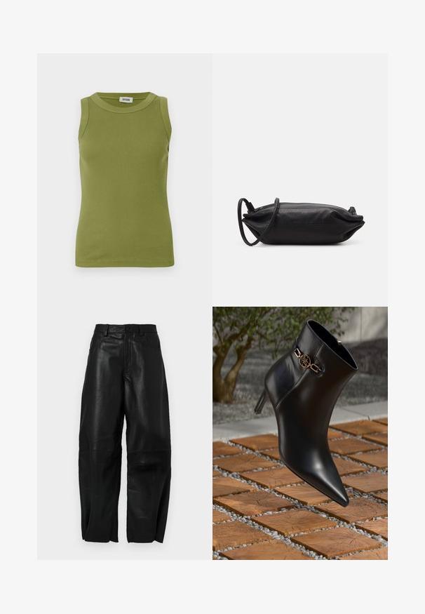 Ærmeløs olivengrøn ribbet tanktop med rund halsudskæring og DRYKORN-mærke indeni kraven.; Sort bluse med lange gennemsigtige ærmer, med frontfolder og en lagdelt stofblomst på venstre skulder. Knaplukning ved halsen.; Sorte læderbukser med en løs pasform, der har en lige ben-design, forlommer og synlige syningsdetaljer.; Sort læder ankelstøvle med spids tå og lille hæl. Har en gylden kædeaccent om anklen. Omgivet af en tekstureret stensurface.; Sort læder clutch taske med rektangulær form, glat tekstur, tynd skulderrem og minimalistisk design.