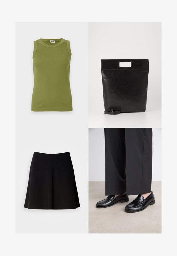 Ärmelloses olivgrünes, geripptes Tanktop mit Rundhalsausschnitt und DRYKORN-Label im Kragen.; Schwarzer, ausgestellter Rock aus weichem Stoff, mit einem taillierten Bund und Nahtdetails. Glatte Textur mit einem schlichten, klassischen Design.; Schwarze Lederloafers mit glatter Oberfläche, genähten Details um die Zehen und einer niedrigen Gummisohle. Kombiniert mit weiten schwarzen Hosen.; Schwarze Leder-Tote-Tasche mit einem quadratischen Griff, ausgestattet mit einer strukturierten Oberfläche und geprägtem Logo. Inklusive abnehmbarem Tragegurt.