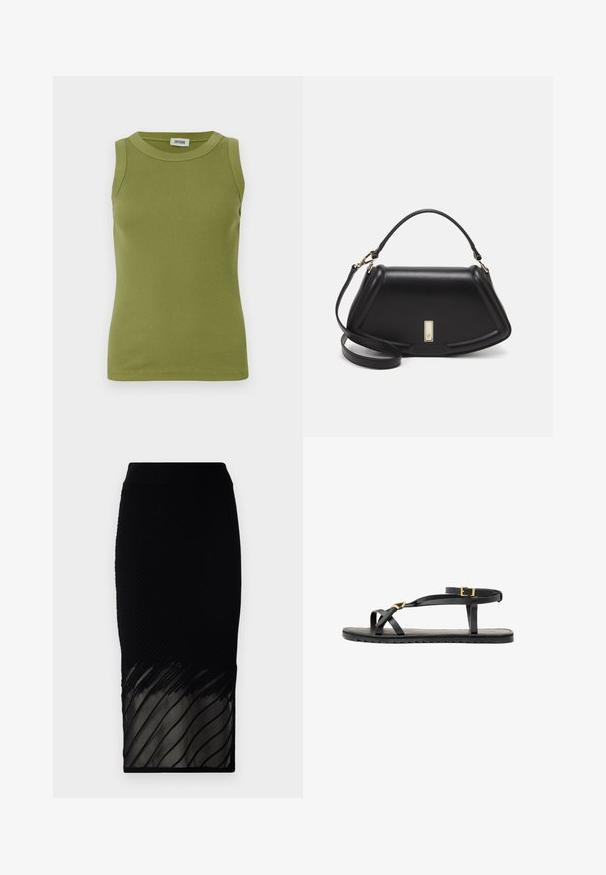Sleeveless olive green ribbed tank top with round neckline and DRYKORN label inside collar.; Black skirt with a ribbed texture, featuring a sheer bottom with horizontal stripes. The design is fitted, extending to mid-calf length.; Black leather sandals with thin straps and a buckled ankle strap. Flat sole with a textured finish and zigzag edge. Minimalist design.; Black leather handbag with a structured design, featuring a cropped shape, top handle, and gold hardware accent. Adjustable shoulder strap included.