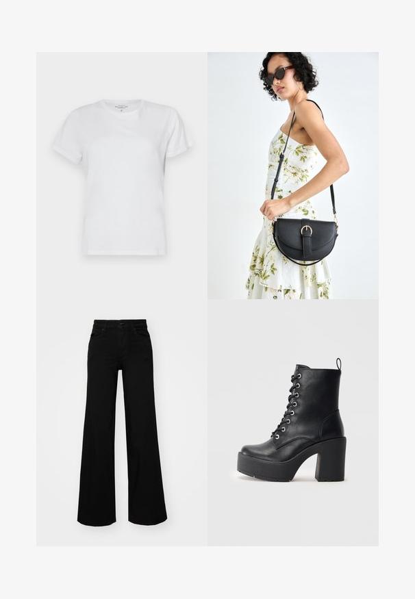 Valkoinen puuvillapaita, jossa on lyhyet hihat, V-pääntie ja sileä rakenne. Ei näkyviä kuvioita tai koristeita. Normi mitoitus.; Musta leveälahkeinen farkkupanta, jossa on rakenteellinen vyötärö, vyölenkit ja etutaskut. Sujuva rakenne klassisella muotoilulla.; Musta nahkasaapas nilkkamittaisella, paksulla korokepohjalla, nyöritettävällä etuosalla ja tekstuuripinnalla. Takana on lenkki helppoa pukemista varten.; Musta nahkainen käsilaukku, joka on kaareva muotoilultaan, irrotettavalla hihnalla ja kultaisilla yksityiskohdilla. Laukussa on läppä, jossa on solk yksityiskohta.