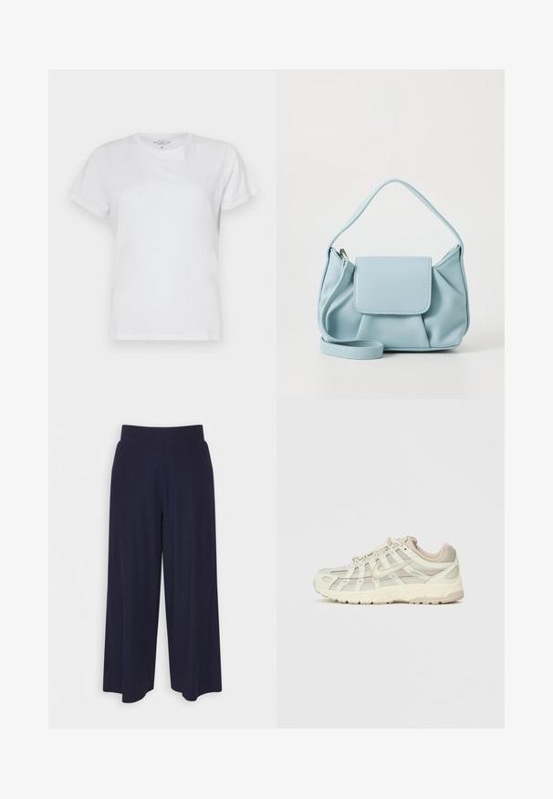 Tricou alb din bumbac, cu mâneci scurte, design cu guler în V și o textură netedă. Fără modele sau accente vizibile. Ajustare standard.; Pantaloni cu croi larg din țesătură de culoare bleumarin închis, cu un model texturat. Prezintă un brâu neted și o siluetă fluidă, ajungând până la jumătatea gambei.; Adidași ușori de culoare bej deschis, cu panouri din plasă și o talpă împăturită. Aceștia dispun de un sistem de închidere cu șireturi, vârf rotund și accente aurii pe lateral.; Geantă din piele bleu deschis cu mânere de sus, buzunar frontal cu clapetă și curea detașabilă pentru încheietura mâinii, pe un fundal alb.
