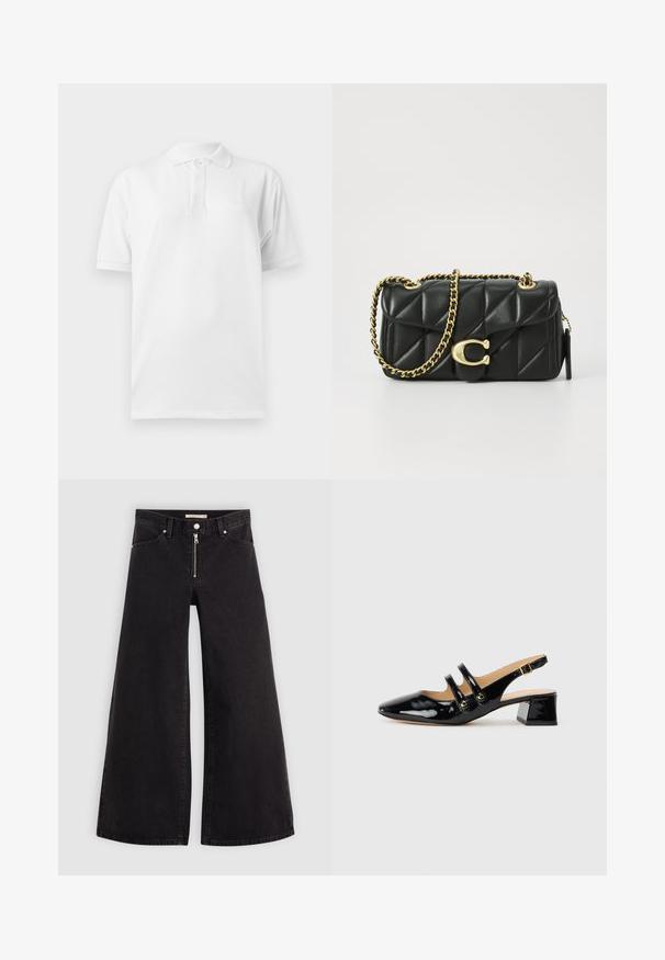 Fehér póló ing, galléros nyakkal, három gombos felső résszel és rövid ujjal. Puha anyag, amely finom logó részlettel rendelkezik a mellkasán.; Fekete denim széles szárú farmer, cipzáros elejével, öt zsebes kialakítással és diszkrét varrással. Sima textúra és laza stílus.; Fekete lakkbőr slingback cipő hegyes orral, két pántos részlettel, arany kerek kiegészítőkkel és alacsony blokk sarkú kivitelben.; Fekete steppelt bőr kézitáska arany lánc pánttal és kör alakú akasztóval. Kompakt, téglalap alakú.