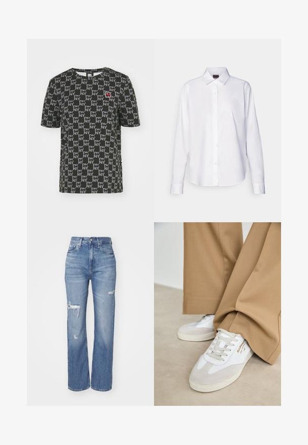 Crna majica s kratkim rukavima koja sadrži ponavljajući sivi uzorak "DK NY" s malim crvenim logom na lijevoj strani prsa. Dizajn s okruglim izrezom.; Bijela košulja dugih rukava s gumbima, izrađena od pamuka. Ima klasičan ovratnik i suptilnu brendiranu vezicu na prsima. Glatka tekstura.; Svijetloplave traperice visokog struka, s razorenim detaljima na koljenima i ravnim krojem.; Bijele tenisice s velur detaljima, teksturiranim vezicama i gumenenim potplatom. Uparene s labavim bež hlačama. Logo prikazan sa strane.