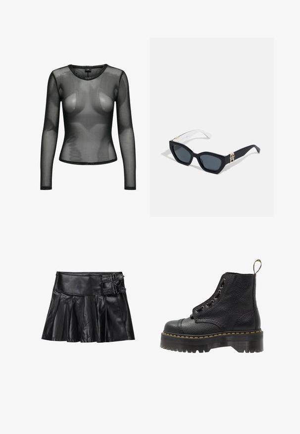 JDY JDYELSA O NECK - Longsleeve - black; Zwart leren rok met plooien, brede tailleband en twee gespaccents aan de zijkant. Glad textuur met een glanzende afwerking.; Zwarte leren enkelboot met een gestructureerd oppervlak, ronde neus, vetersluiting, gele stiksels en een dikke, geribbelde zwarte plateauzool.; Tommy Hilfiger Zonnebril - blue