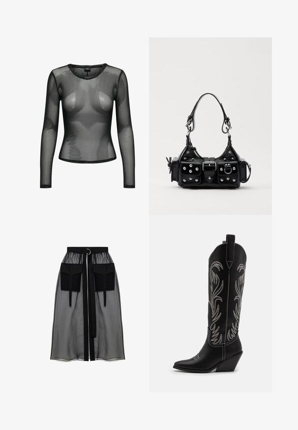 JDY JDYELSA O NECK - Hosszú ujjú felső - black; Fekete áttetsző szoknya ráncolt derékrésszel, két nagy elülső zsebbel, derékpánttal és kör alakú fém díszítéssel.; Fekete bőr cowboy csizmák hegyes orral, wedge sarkakkal és ezüst hímzett virágmintákkal a szár mentén. Kontraszt varrás az egész csizmán.; Fekete bőr kézitáska ívelt designnal, ezüst szegecsekkel, csattal és két oldalsó zsebbel. Állítható vállpánt a hordozási lehetőségekhez.