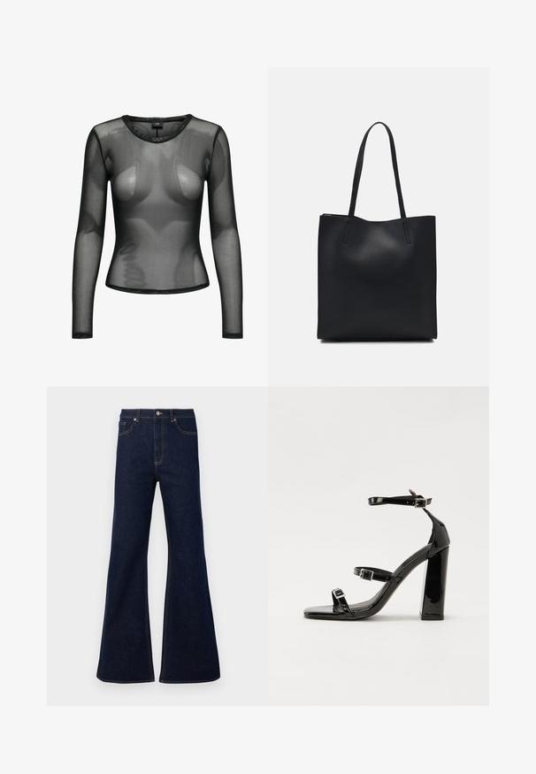 JDY JDYELSA O NECK - Top s dlhým rukávom - black; Tmavomodré rozšírené džíny s vysokým pásom, prednými vreckami a zlatými stehmi. Hladká textúra s tradičným strihom.; Čierne lakované sandále na podpätku so štvorcovou špičkou, navlečenými remienkami okolo členku a striebornými prackami. Disponujú masívnym blokovým podpätkom pre stabilitu.; Čierna kožená taška na rameno s hladkým povrchom, obdĺžnikovým tvarom a dvoma dlhými uchami. Bez viditeľného kovania alebo ozdôb.