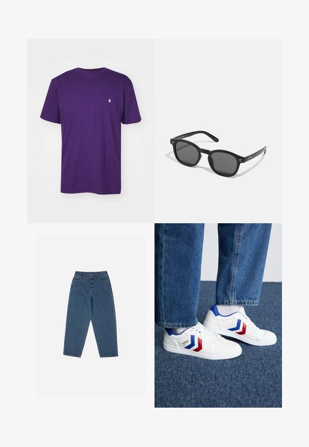 Paarse katoen t-shirt, korte mouwen, ronde hals, met een klein wit logo op de linkerborst. Soepele textuur met een ontspannen pasvorm.; Blauwe denim jeans met een ontspannen pasvorm, hoge taille, vijf-pocket ontwerp en stikselaccenten. Voorzien van een knoop- en ritssluiting.; Witte sneakers met blauwe en rode chevronaccenten, textuurleer, ronde neus en platte rubberen zool, gecombineerd met blauwe denim broek.; Zwarte ovale zonnebril met donkere lenzen, dikke monturen en zilveren stipaccenten aan de zijkanten. Gladde kunststof materiaal, hedendaags ontwerp.