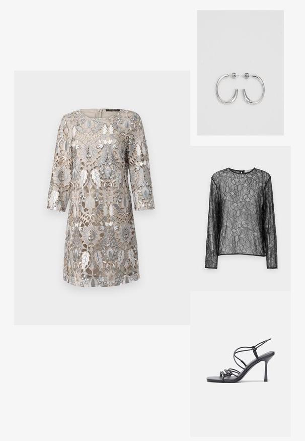 Black sheer long-sleeve top featuring floral lace pattern, round neckline, and black trim along the edges. Lightweight and semi-transparent.; Beige dress with intricate silver floral lace overlay, three-quarter sleeves, round neckline, and a back zipper closure. Textured design detail.; Black high-heeled sandals feature thin straps with a knotted design, a smooth square toe, and a sleek stiletto heel.; Light gray metallic handbag featuring a chain strap, embellished with small circular metallic studs and a triangular brand logo.; Silver hoop earrings with a smooth, shiny surface, featuring a curved shape and post-back closure. Minimalist design with a modern finish.