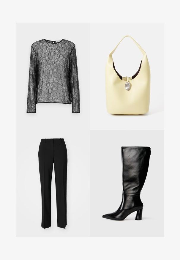 Svart, gjennomsiktig langermet topp med blomstermønster i blonder, rund hals og svart kant langs kantene. Lett og semi-gjennomsiktig.; Sorte skreddersydde bukser med rett silhuett, med en glatt tekstur og klare pressede bretter foran. Ingen synlig maskinvare.; Knæhøye svarte lærstøvler med spiss tå, glatt tekstur og tykk hæl. Har glidelåsdetalj på baksiden.; Hobo veske i myk gul lær med en avrundet form. Har en glatt overflate, mørk innvendig fôr og et sølvfarget detalj ved lukking.