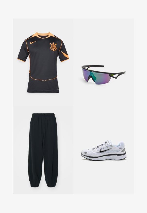 Zwarte sportshirt met korte mouwen, voorzien van oranje accenten en een logo op de linkerkant van de borst. Gemaakt van ademend materiaal.; Zwarte, elastiche sweatpants met een losse pasvorm, manchetten aan de enkels, een zachte textuur en zonder zichtbare patronen of hardwareaccenten.; Witte hardloopschoen met een bovenkant van mesh, ronde neus, zwarte accenten en een geëtst zool. Kenmerken van veters en branding aan de zijkant.; Sport zonnebril met een zwart montuur, grote verlooplenzen met paarse en groene tinten, en hoekige ontwerpaccenten met logo-details.