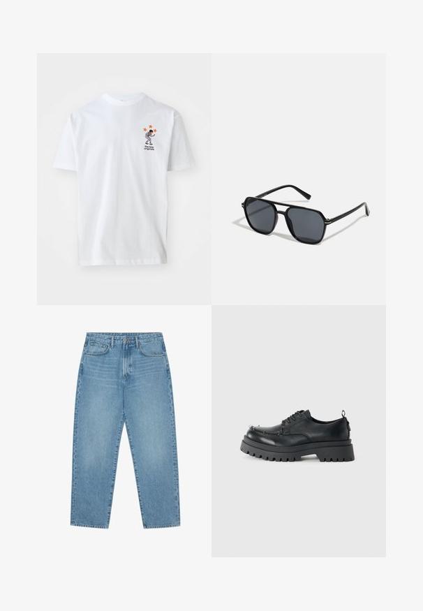 Balta medvilninė marškinėliai su mažai, spalvinga figura ir penkiais oranžiniais žvaigždutėmis viršuje, pažymėti "naujosios originalai". Trumpomis rankovėmis.; Šviesiai mėlyni džinsai su plačiomis kojomis ir aukštu liemeniu, turintys penkias kišenes, diržo kilpas ir švelnų, šiek tiek išblukusį tekstūrą.; Juodas masyvus odinis batus su raišteliais, storu šiurkščiu padu ir metalinėmis akyčių skylutėmis prie pirštų, nufotografuotas prieš paprastą šviesų foną.; Juodos akiniai nuo saulės su aštuonkampiu rėmeliu, tamsiais objektyvais, blizgiu paviršiumi, plonomis šakutėmis ir auksinėmis akcentais priekyje.