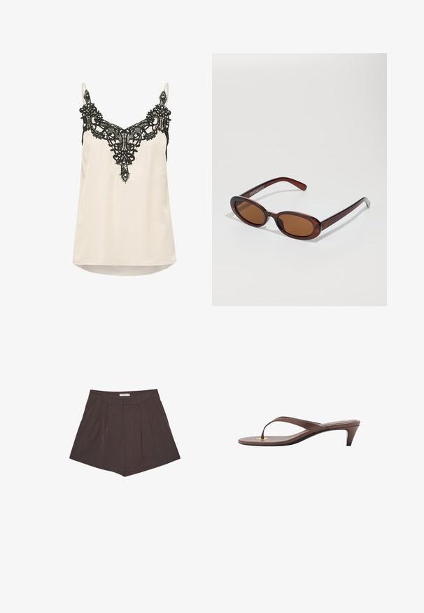 Cremige Satin-Camisole mit aufwändiger schwarzer Spitze am Ausschnitt und verstellbaren Spaghetti-Trägern. Der Saum ist leicht abgerundet.; Braune, gefaltete Shorts mit vertikalen Streifen, ausgestattet mit einem flachen Taillenbund und einer taillierten Silhouette. Kurze Länge mit sauberen Nähten.; Braune, mit Absatz versehene Flip-Flop-Sandale mit einem schmalen Riemen und abgerundetem Zehensteg, der ein kleines goldfarbenes Akzent auf dem Fußbett aufweist.; Runde, braun getönte Sonnenbrillen mit einem glänzenden burgunderfarbenen Rahmen. Schlanke Bügel mit dezentem Branding. Flaches Linsendesign.; Zwei Goldringe sind ausgestellt, einer dick und rund, der andere dünn und flach. Beide haben eine glatte, glänzende Oberfläche mit einem polierten Finish.