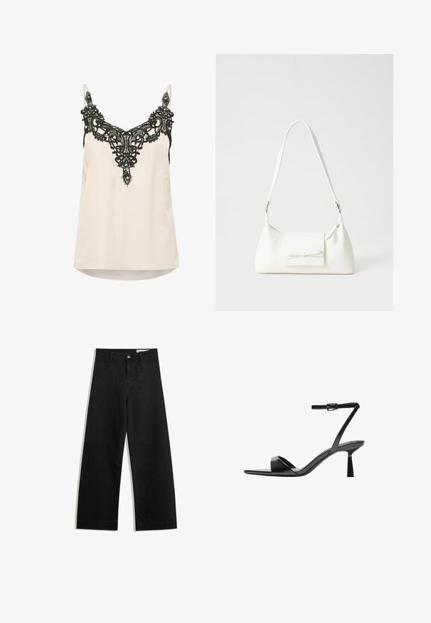 Cream satin camisole with intricate black lace trim around the neckline and adjustable spaghetti straps. Hemline is slightly rounded.; Black wide-leg denim pants with a high waist, featuring front and back pockets, stitched seams, and a button closure. Smooth texture.; Bershka High heeled sandals - black; White synthetic handbag with a triangular shape, flat front flap and bow detail, adjustable strap, smooth texture, and minimalistic design.