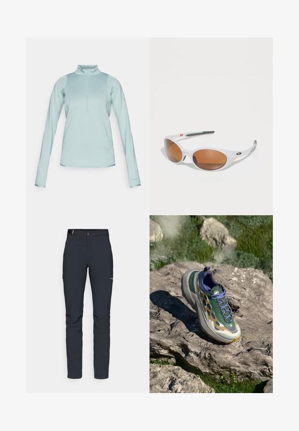 Világoskék, hosszú ujjú pulóver, félig cipzáras elülső résszel, texturált anyagból, sima betétekkel és "Columbia" logóval a mellkason és az ujján.; Férfi kültéri nadrág, sötétszürke, rugalmas anyagból készült, övvel, cipzáros zsebekkel és megerősített varratokkal.; Sportcipő, amely zöld és bézs mintás hálós felsőrésszel, vastag szürke középtalppal és lila akcentusokkal rendelkezik, sziklás háttér előtt.; Fehér napszemüveg barna lencsékkel, ovális forma, sima műanyagból készült, szürke díszítéssel a szárakon és logóval a kereten.; Fekete hátizsák sima nylon anyagból, elöl logóval, állítható pántokkal és hálós oldalzsebekkel a plusz tárolás érdekében.