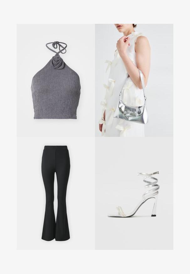Szara halterka z teksturowanej, prążkowanej tkaniny. Posiada skręcony detal przy dekolcie oraz wiązania z tyłu, co umożliwia regulację dopasowania.; Czarne spodnie z szerokimi nogawkami wykonane z elastycznego materiału. Posiadają wysoką talię oraz gładki, dopasowany krój, który rozszerza się od kolan w dół.; Srebrna sandał na wysokim obcasie z błyszczącym wzorem paska, z akcentem w postaci perły i spiraledowym paskiem na kostkę dla bezpiecznego dopasowania.; Srebrna metaliczna torebka o strukturalnym kształcie, wyposażona w górną rączkę i detal w postaci kokardy z przodu. Gładka tekstura, odbijające światło wykończenie.