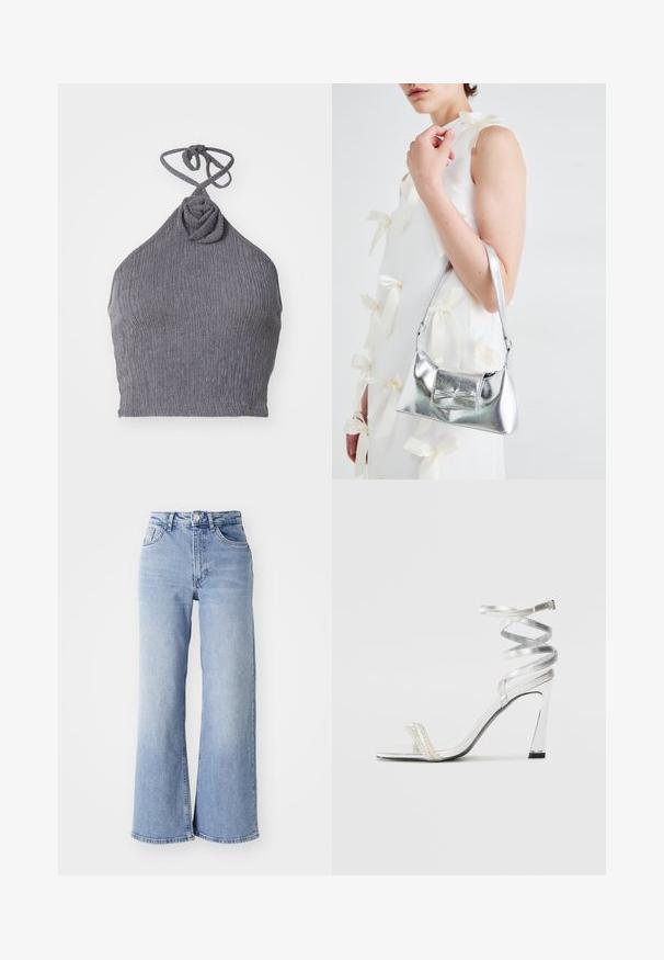 Top halter cinza com um tecido texturizado e canelado. Apresenta um detalhe de nó torcido na gola e laços nas costas para um ajuste ajustável.; Jeans de cintura alta, de perna larga, em azul claro, com bolsos frontais e traseiros, fecho de botão e desbotamento subtil nas coxas e nas bainhas.; Sandalha de salto alto prateada com um design de tira brilhante, apresentando um detalhe semelhante a uma pérola e uma tira de tornozelo espiralada para um ajuste seguro.; Bolsa metálica prateada com uma forma estruturada, apresentando uma alça superior e um detalhe de laço na frente. Textura suave, acabamento reflexivo.