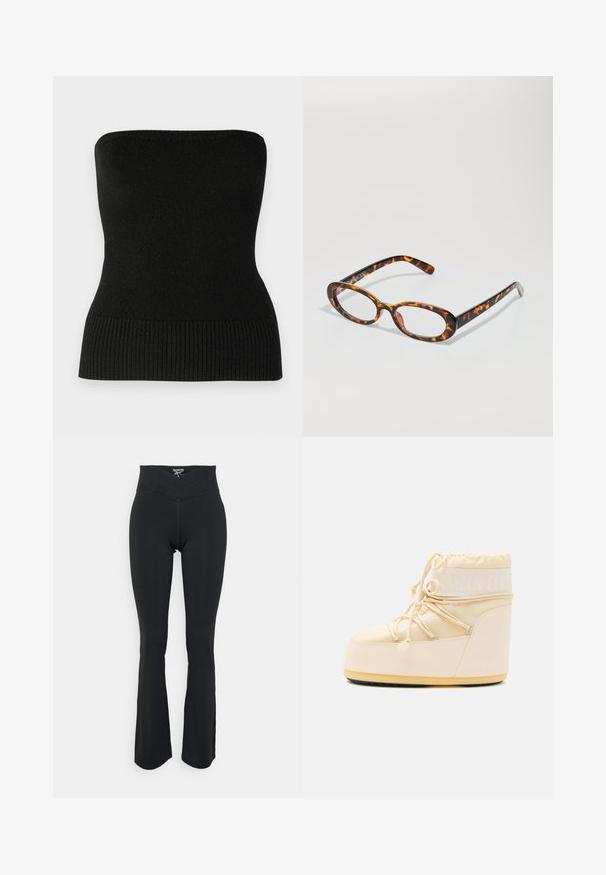 Top strapless preto de malha, com uma textura suave, apresentando uma bainha canelada. O design é ajustado ao corpo, realçando um estilo simples e minimalista.; Leggings pretos com corte fluido feitos de material elástico. Apresenta uma cintura alta com um detalhe de costura em ângulo. Textura suave sem logótipos visíveis.; Botas Moon bege claro com bico arredondado, fecho por cordão e sola de borracha texturizada. Apresenta uma marcação branca e materiais sintéticos lisos.; Óculos tartaruga com lentes ovais, apresentando um acabamento brilhante, hastes finas e padrões subtis que lembram as riscas de um tigre.