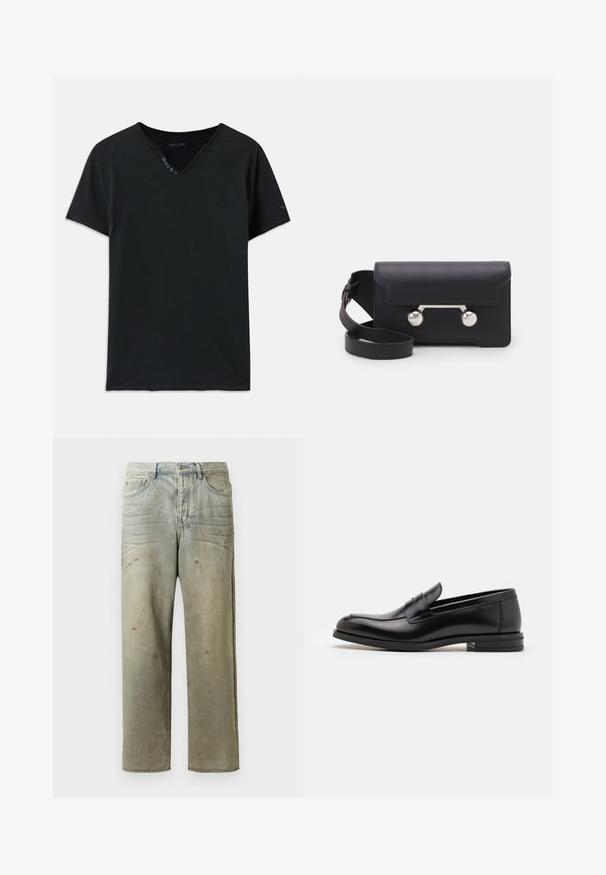 Sort bomulds T-shirt med V-hals, korte ærmer og fem knapper ved halsen. Glat tekstur med minimale syningsdetaljer.; Slidte denimjeans i lysegrøn med lige ben, femlommerdesign og ujævn falming med malersplatter.; Sorte læderloafers med en glat overflade, rund tå og en dekorativ strop over vampen. Lav hæl med stabeldesign, minimalistisk stil.; Sort læder crossover taske med klaplukning, sølvfarvet hardware og to runde accenter. Har en aftagelig rem. Glat tekstur.