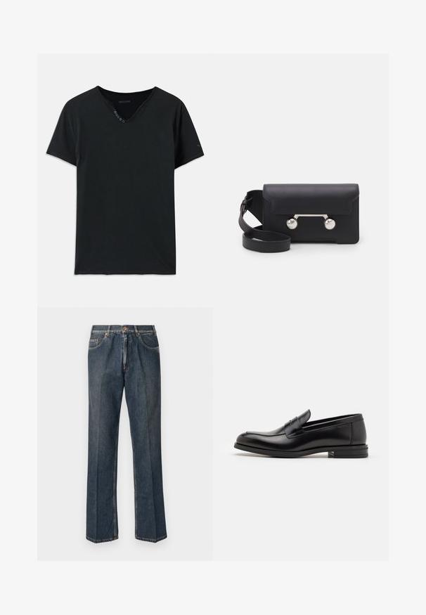Black cotton T-shirt with a V-neck, short sleeves, and five buttons on the neckline. Smooth texture with minimal stitching details.; Dark blue straight-leg denim jeans with front button, zip fly, double front pockets, and visible vertical creases down the legs.; Black leather loafers with a smooth texture, rounded toe, and a decorative strap across the vamp. Low stacked heel, minimalist design.; Black leather crossbody bag with a flap closure, silver-tone hardware, and two round accents. Features a detachable strap. Smooth texture.