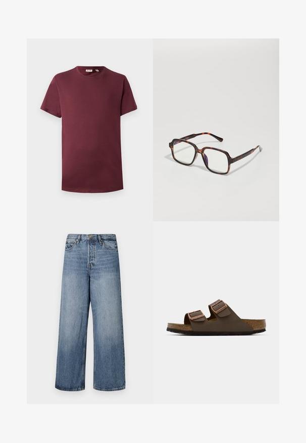 Burgundy crew neck t-shirt in soft cotton, short sleeves, classic fit, features a straight hem with no patterns or hardware details.; Wide-leg blue denim jeans with a faded wash, five-pocket design, and a button closure. Equipped with belt loops and stitched detailing.; Brown two-strap sandal with copper-tone buckles, cork footbed, and rubber outsole. Sleek design with adjustable straps for fit.; Tortoiseshell sunglasses with square frames, clear lenses, and slender temples featuring a subtle logo detail. Matte and glossy finish.