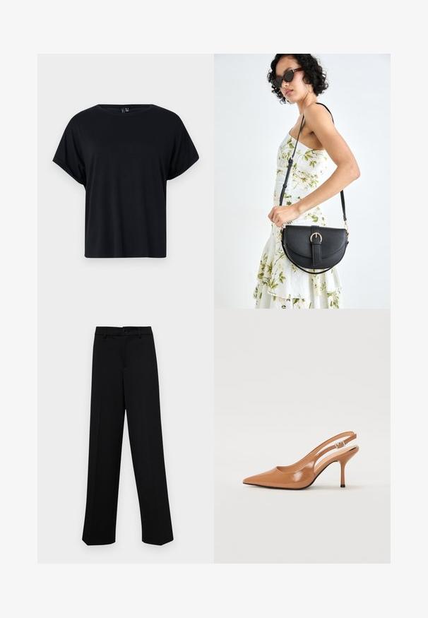 Black short-sleeve T-shirt made of soft cotton. Features a round neckline and a relaxed fit. Smooth texture with no visible patterns or accents.; Black wide-leg trousers made of smooth fabric, featuring a classic waistband with a button closure and front pleats.; Pointed toe slingback heel in a smooth, glossy tan material. Features a curved cutout design and a slender stiletto heel. Silver buckle detail.; Black leather handbag with a curved shape, detachable strap, and gold hardware. The bag features a flap with a buckle detail.