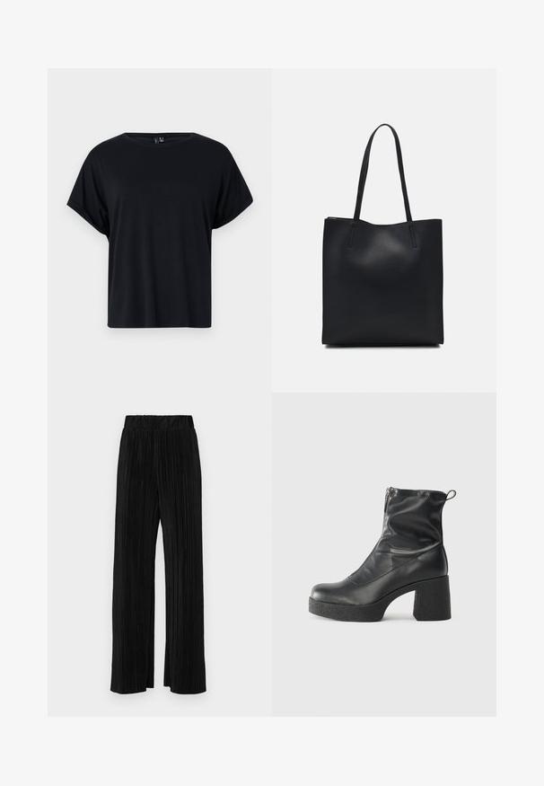 Čierne tričko s krátkymi rukávmi vyrobené z jemnej bavlny. Má okrúhly výstrih a voľný strih. Hladká textúra bez viditeľných vzorov alebo akcentov.; Čierne plisované nohavice s elastickým pásom. Majú široké nohavice a hladkú, textúrovanú látku s vertikálnymi pruhmi.; Čierne členkové topánky z hladkej kože, so bočným zipsom, robustnou textúrovanou pätnou časťou a zaobleným dizajnom špičky.; Čierna kožená taška na rameno s hladkým povrchom, obdĺžnikovým tvarom a dvoma dlhými uchami. Bez viditeľného kovania alebo ozdôb.