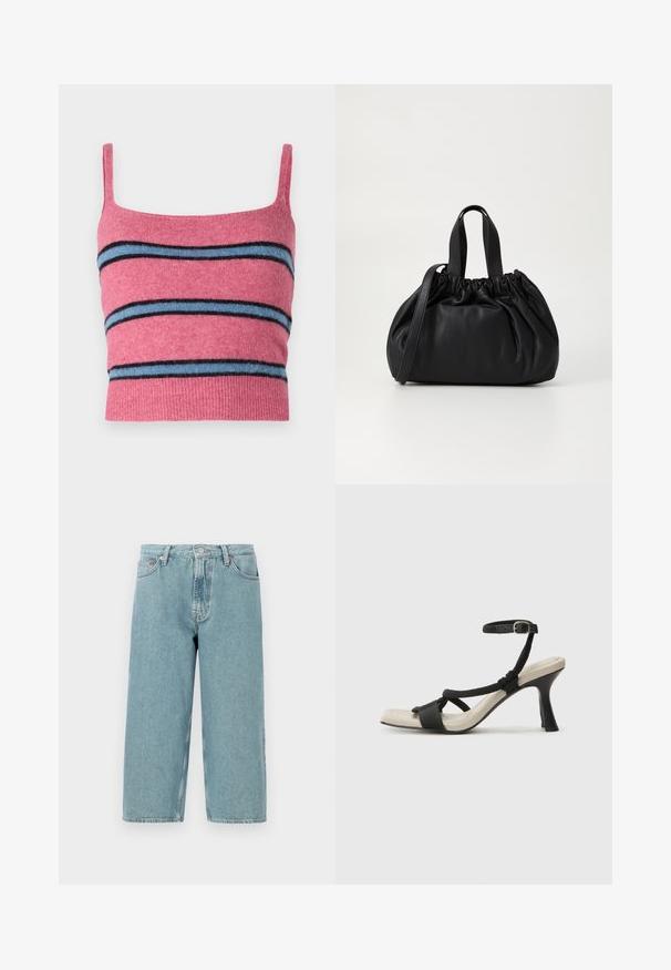 Samsøe Samsøe NOURA - Topp - rose wine; Heledad sinine denim lühikesed püksid kõrge talje, sirge lõike ja toore äärega. Omad klassikalise nööbi ja lukuga kinnituse, neli taskut.; Mustad musta kontsaga sandaal, millel on punutud rihma disain, ruudukujuline varvas ja reguleeritav pahkluu rihm. Heleda beeži värvi jalapadi ja läikiv must konts.; Mustmust mustkott mustrihmaga ülaosa disainiga, millel on kaks lühikest käepidet ja pikk reguleeritav rihm. Sile tekstuur, ümar kuju.