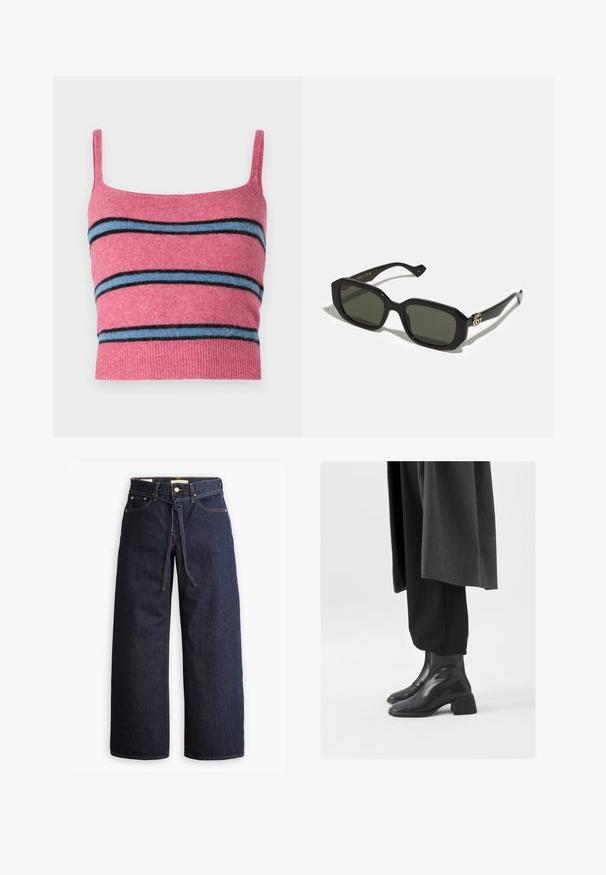 Samsøe Samsøe NOURA - Topp - rose wine; Laiad joped tumeda sinise denimi ja kõrge taljega, millel on paela kinni tõmbamise võimalus, viis taskut ja kontrastsete õmblustega detailid.; Mustad nahast pahkluu saapad, millel on ruudukujuline varvas ja paks konts, kantud lohakate mustade pükste ja tumeda halli mantliga. Sile pinnatekstuur.; Mustad ristkülikukujulised päikeseprillid tumeroheliste läätsedega. Omavad julgeid, paksu raami ja külgedel kulla aksentidega riistvara.