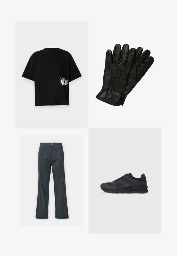 Crna oversized majica od pamuka; sadrži bijeli tekst i grafički print s lijeve strane blizu rubа. Kratki rukavi i okrugli izrez.; Crne hlače s ravnim krojem, napravljene od tkanine s pamukom. Imaju metalnu dugmad za zatvaranje i bočne džepove. Nema vidljivih uzoraka.; Replay ARTHUR ATOM - Tenisice - black; Crne kožne rukavice glatke teksture, s pet prstiju i suptilnim detaljima šivanja. Klasičan dizajn, pogodan za upotrebu u hladnom vremenu.