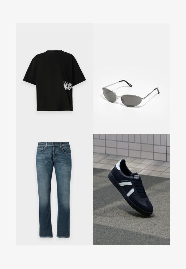 Črna oversize majica iz bombaža; z belo nalepko in grafiko na levi strani blizu roba. Kratke rokave in krožni ovratnik.; Modri traper hlače s ravnim krojem, svetlo oprane, pet žepov in kontrastno šivanje. Zapenjanje na gumb in zadrgo.; Črne usnjene superge z belimi črtami, teksturiran gumijast podplat in zavezovanje spredaj. Imajo označeno oznako na ježku.; Sončna očala z elegantnim srebrnim kovinskim okvirjem, sivi zasenčeni leči in aerodinamičnim oblikovanjem, ki vključuje ostri robovi in tanke ročke.