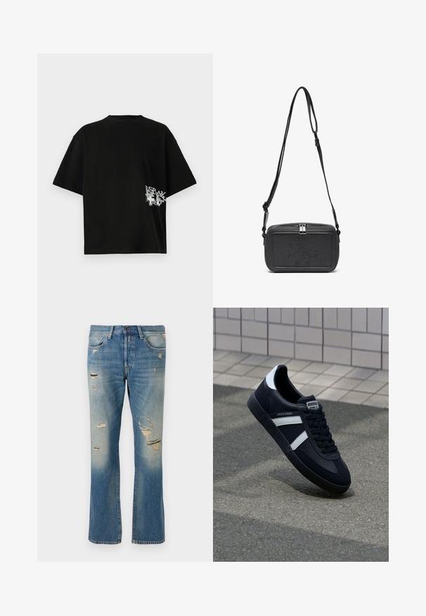 Tricou oversized negru din bumbac; are un imprimeu alb de text și grafică pe partea stângă, aproape de tiv. Mâneci scurte și decolteu rotund.; Blugi din denim de culoare albastră deschisă, cu o croială relaxată, având detalii distruse și petice desfăcute, cu un design standard cu cinci buzunare și închidere cu nasture.; Sneaker din piele neagră cu dungi albe, talpă din cauciuc texturat și șireturi. Prezintă un eticheta de marcă pe limbă.; Geantă din piele neagră, tip crossbody, cu închidere cu fermoar, logo embosat pe față și curea ajustabilă. Textură netedă și formă rectangulară.