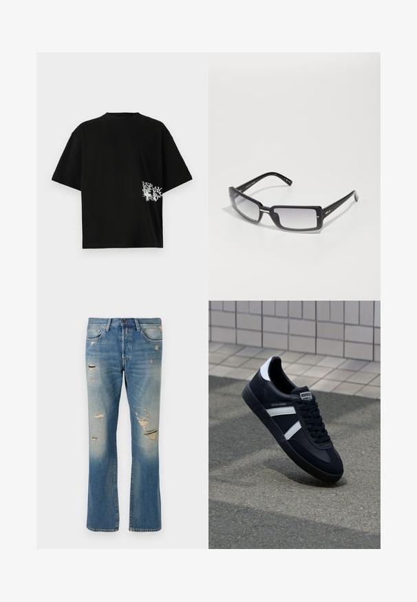 Tricou oversized negru din bumbac; are un imprimeu alb de text și grafică pe partea stângă, aproape de tiv. Mâneci scurte și decolteu rotund.; Blugi din denim de culoare albastră deschisă, cu o croială relaxată, având detalii distruse și petice desfăcute, cu un design standard cu cinci buzunare și închidere cu nasture.; Sneaker din piele neagră cu dungi albe, talpă din cauciuc texturat și șireturi. Prezintă un eticheta de marcă pe limbă.; Ochelari de soare rectangulare negri cu lentile cu gradient, având un cadru gros și detalii metalice accent pe brațe. Textură netedă pe întreaga suprafață.