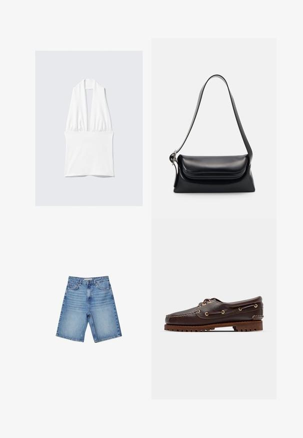 Vit ärmlös topp med djup V-ringning och samlad detalj vid midjan. Tillverkad av ett mjukt tyg, har den en behaglig struktur och minimalistisk design.; Ljusblå denimshorts med klassisk femficksdesign, dragkedja och subtila blekningar. Rakt snitt med fållade kanter.; Bruna lädersko med båtstil, guldögon, runda skosnören och en texturerad brun gummisula. Har sydda detaljer och en upphöjd logotyp.; Svart läderhandväska med en strukturerad form, en slät yta och ett enda axelband. Har en subtil, rundad klaffdesign.