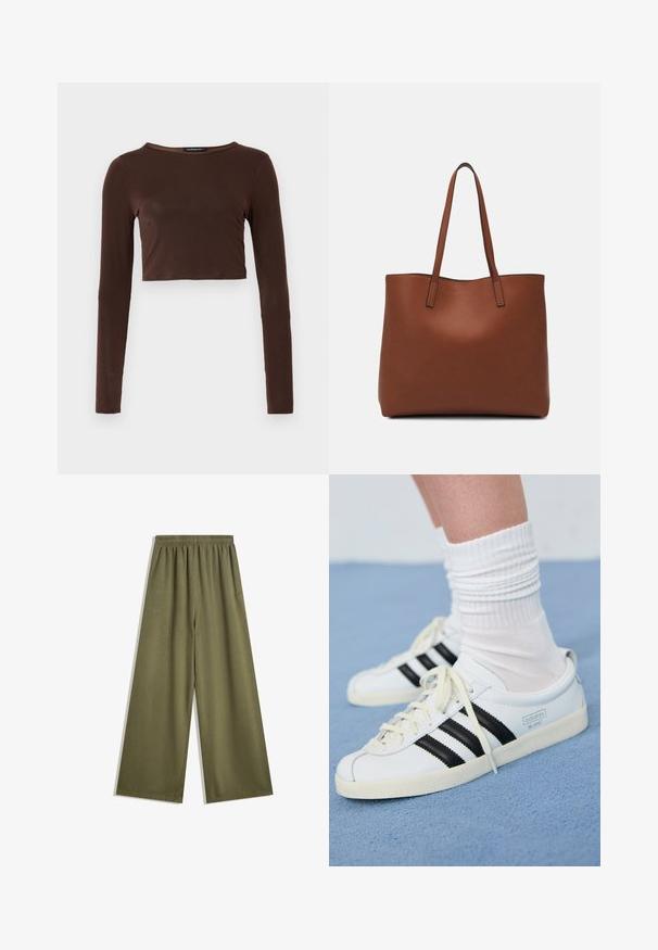 Rjava dolga majica s cropped dizajnom, izdelana iz gladkega materiala, z zaobljenim izrezom in prileganjem. Brez vidnih vzorcev ali poudarkov.; Olivno zelene široke hlače z elastiko v pasu, izdelane iz mehkega materiala. Imajo gladko teksturo in natančne šive za urejen videz.; Bele usnjene športne čevlje z črnimi črtami, kremnim podplatom in svetlimi vezalkami. Obuti z belimi rebrastimi nogavicami, postavljeni na modro ozadje.; Rjava usnjena torba z gladko teksturo, odprto zasnovo zgoraj in dvema naramnima trakovoma. Opremljena je z minimalnim šivanjem in brez vidnih kovinskih delov.